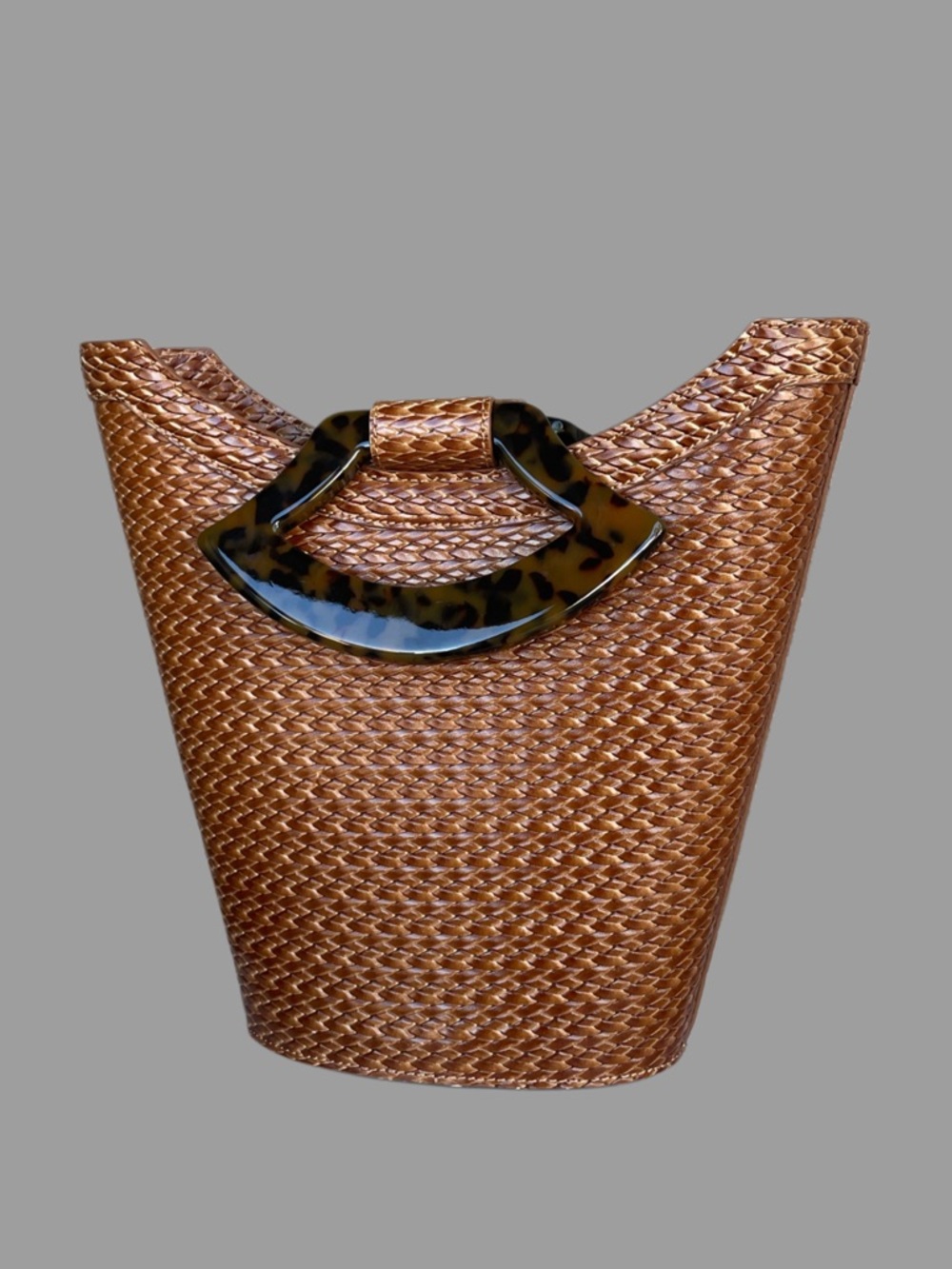 USISI SISTER Brown Woven Leather Tortoise Resin Handle Rollo Bucket Tote Bag - Picture 3 of 15
